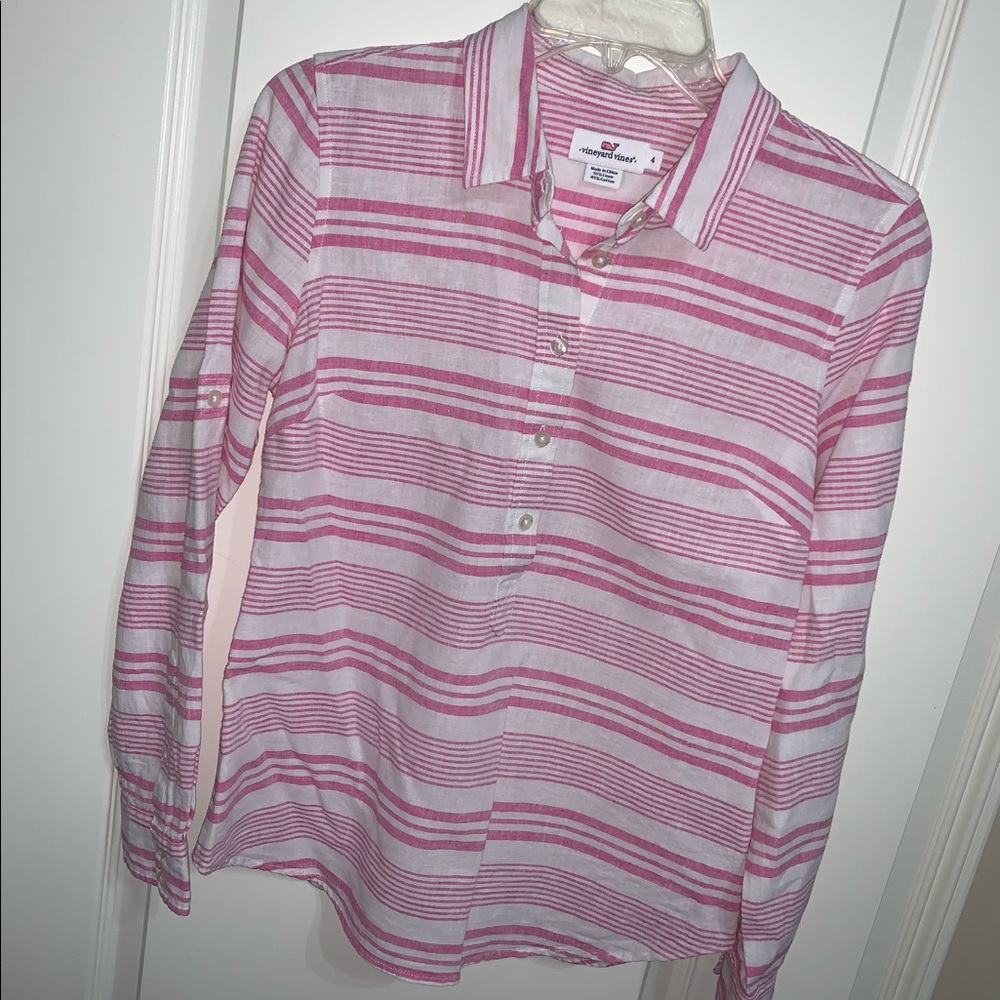 Vineyard Vines Button Down Long Sleeve Linen Collared Stripe Pink Shirt Top EUC